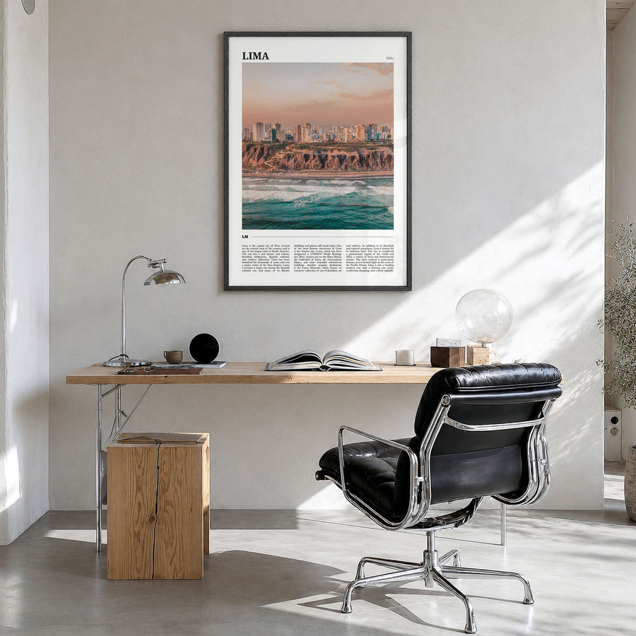 Lima Travel Poster in a black wood frame, hanging in a bright home office