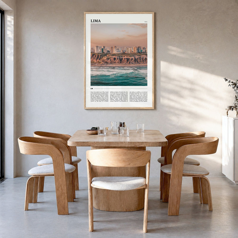 Lima Travel Poster in a natural wood frame, hanging in a dining room