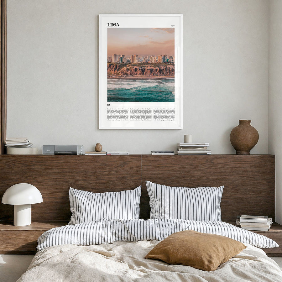 Lima Travel Poster in a white wood frame, hanging in a bedroom