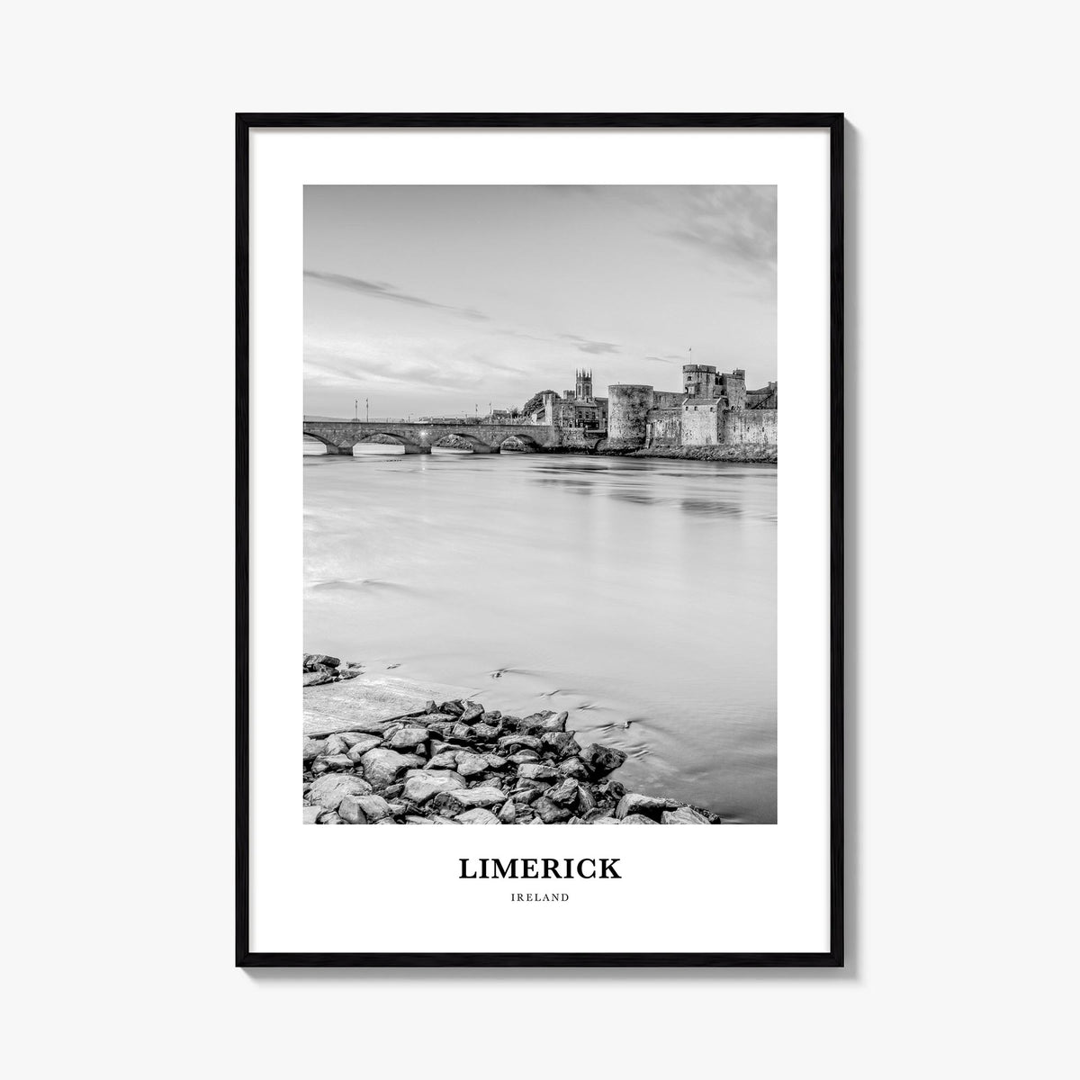 Limerick black & white classic poster of Ireland – vertical wall art, unframed print shown in interior mockup