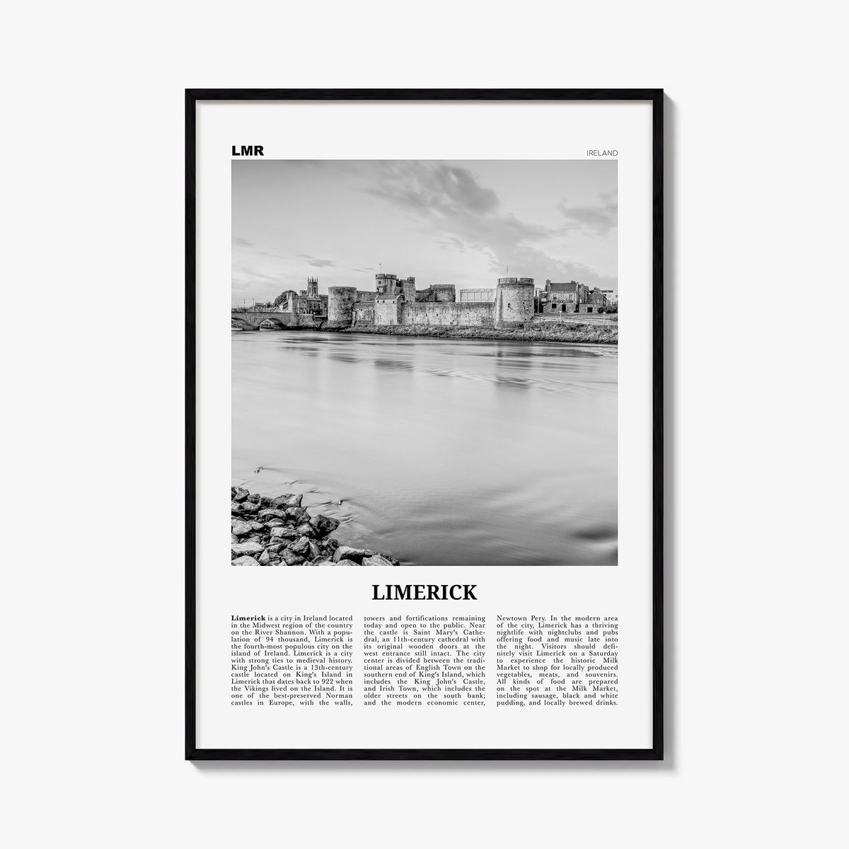 Limerick black & white newspaper poster of Ireland – vertical wall art, unframed print shown in interior mockup
