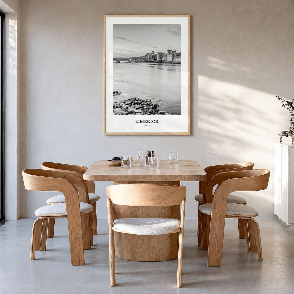 Limerick Classic Poster in a natural wood frame, hanging in a dining room