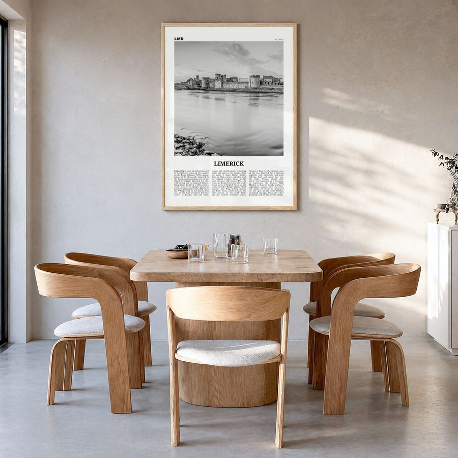 Limerick Newspaper Poster in a natural wood frame, hanging in a dining room
