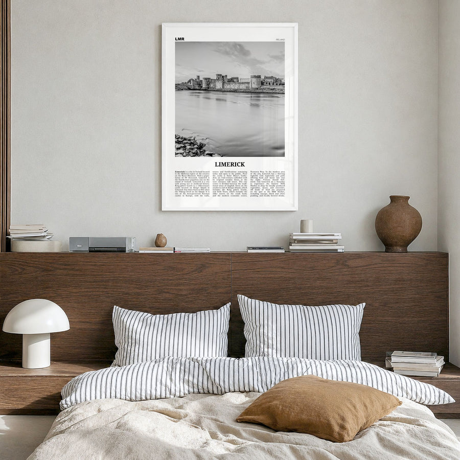 Limerick Newspaper Poster in a white wood frame, hanging in a bedroom