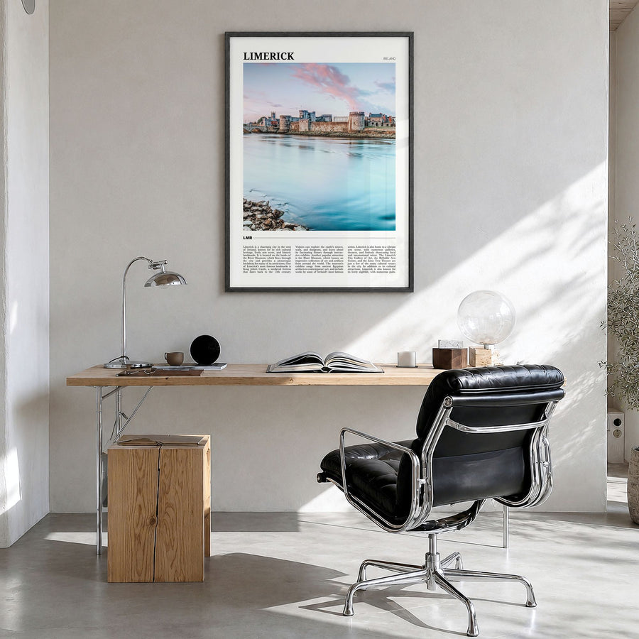 Limerick Travel Poster in a black wood frame, hanging in a bright home office