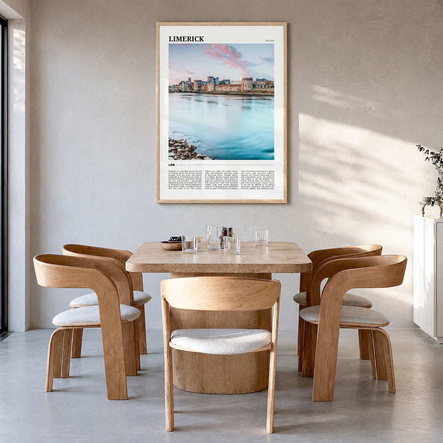 Limerick Travel Poster in a natural wood frame, hanging in a dining room