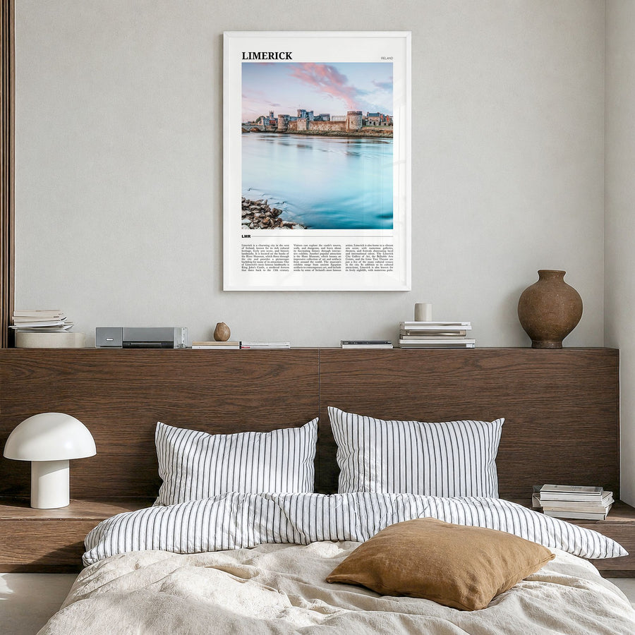 Limerick Travel Poster in a white wood frame, hanging in a bedroom