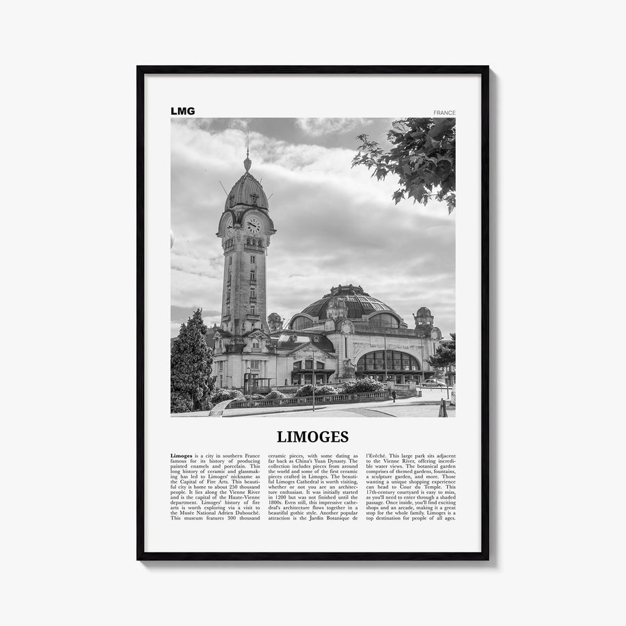 Limoges black & white newspaper poster of France – vertical wall art, unframed print shown in interior mockup