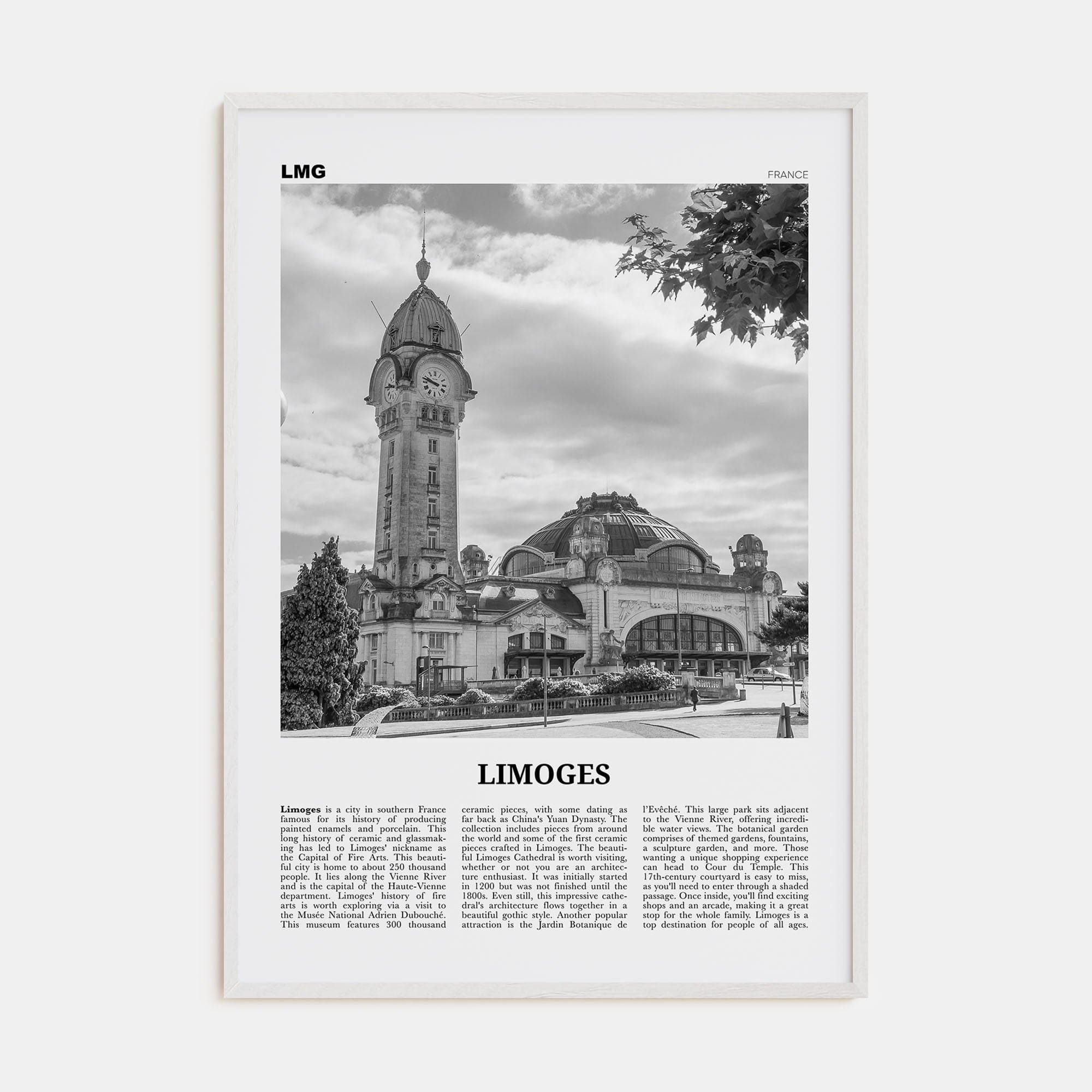 Limoges Poster White Wood / 8x12 in Nbourhood Travel B&W Poster