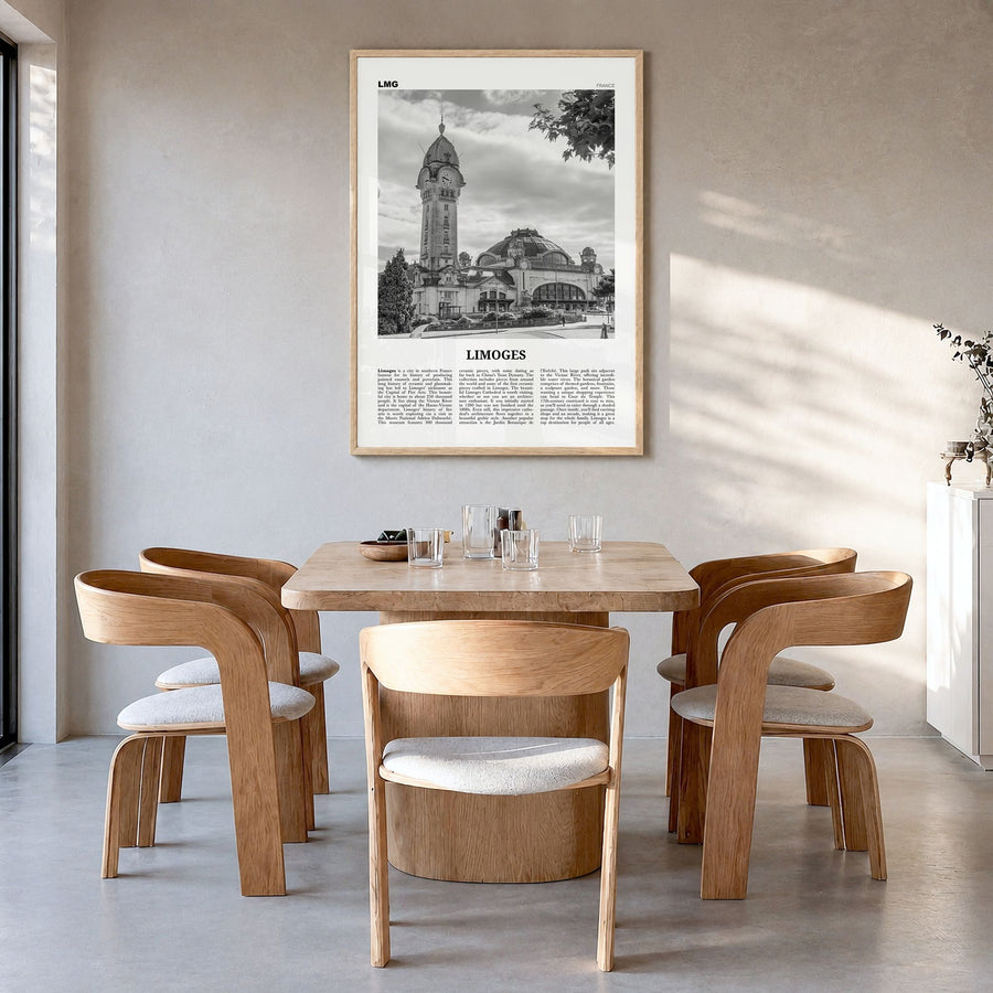 Limoges Newspaper Poster in a natural wood frame, hanging in a dining room
