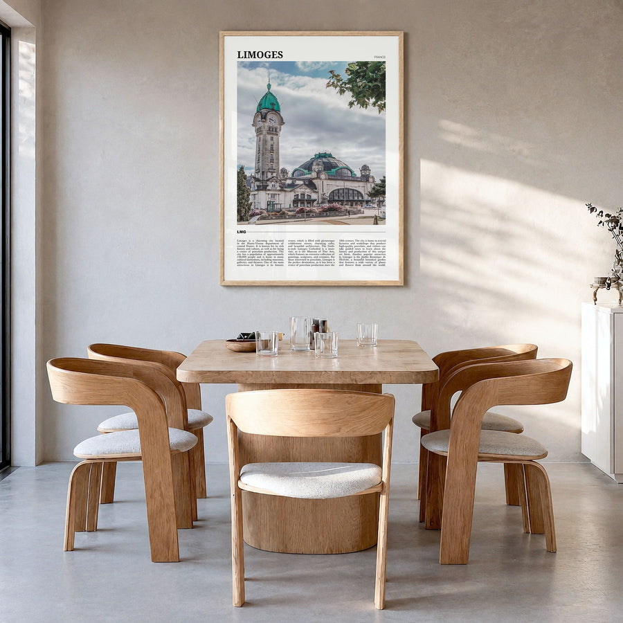 Limoges Travel Poster in a natural wood frame, hanging in a dining room