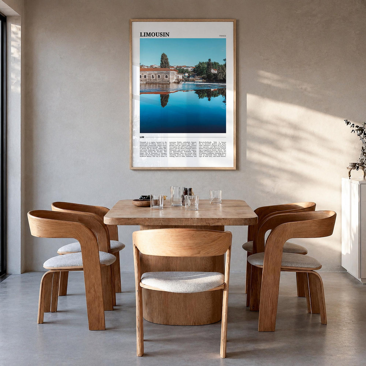Limousin colorful travel poster of France – vertical wall art in natural wood frame, hanging on wall