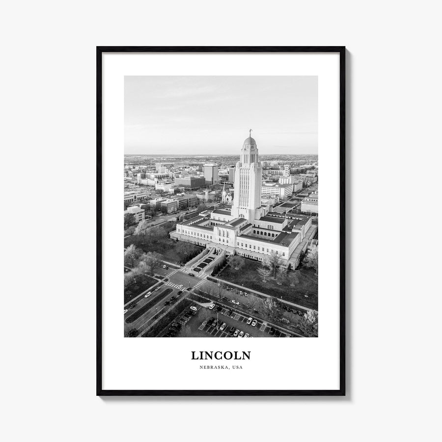 Lincoln black & white classic poster of Nebraska, USA – vertical wall art, unframed print shown in interior mockup