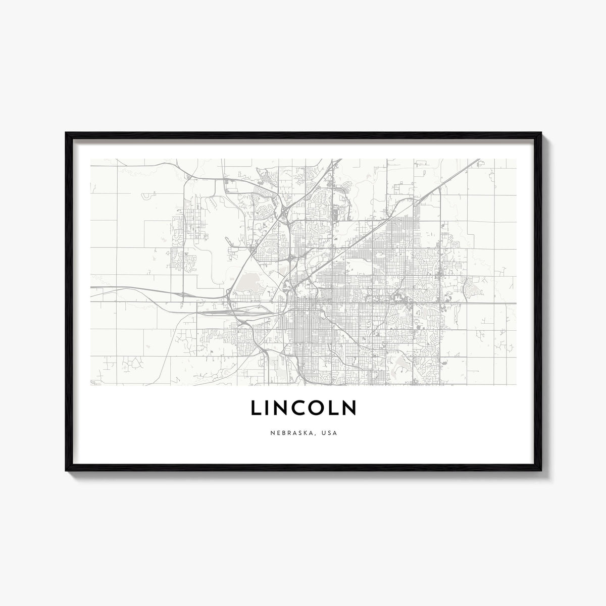 Lincoln black & white map poster of Nebraska, USA – horizontal wall art, unframed print shown in interior mockup