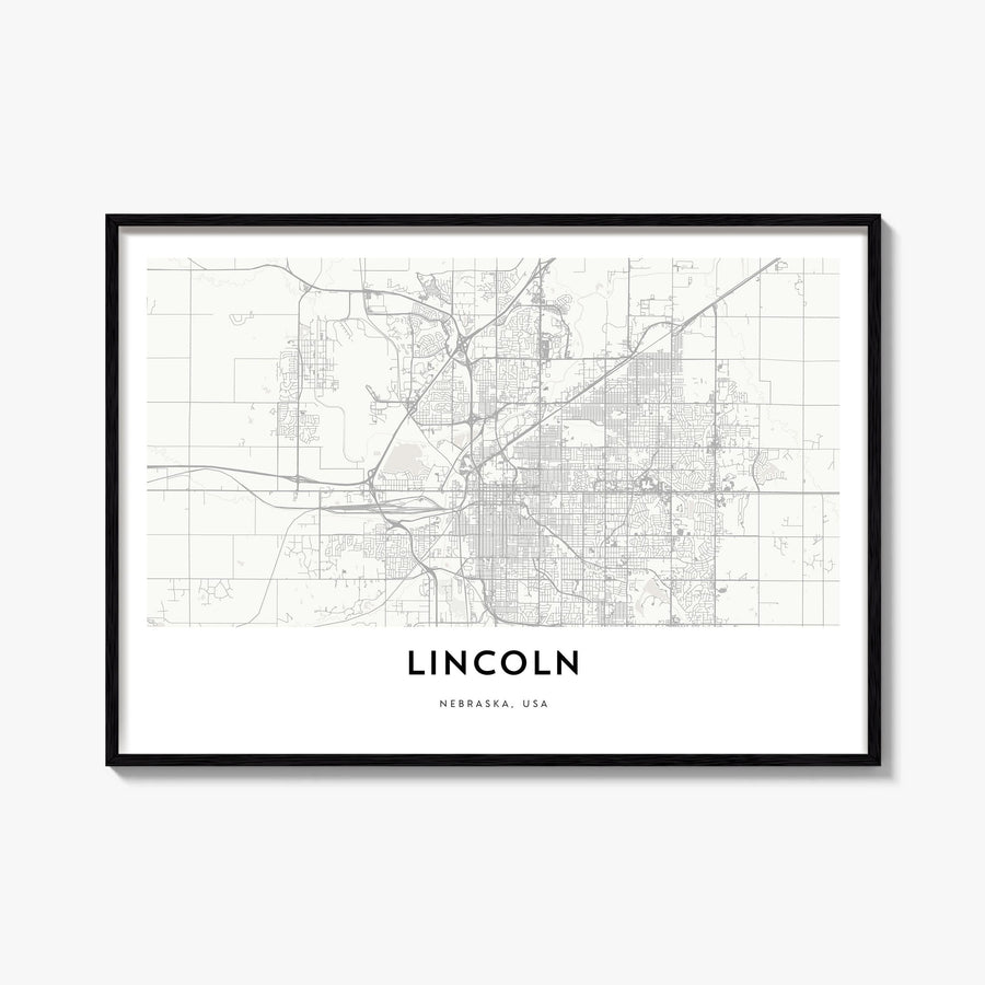 Lincoln black & white map poster of Nebraska, USA – horizontal wall art, unframed print shown in interior mockup