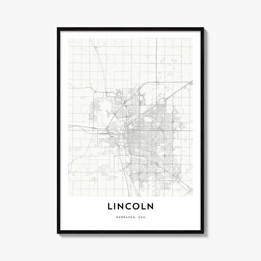 Lincoln black & white map poster of Nebraska, USA – vertical wall art, unframed print shown in interior mockup