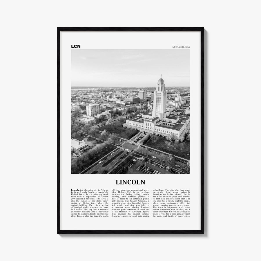 Lincoln black & white newspaper poster of Nebraska, USA – vertical wall art, unframed print shown in interior mockup