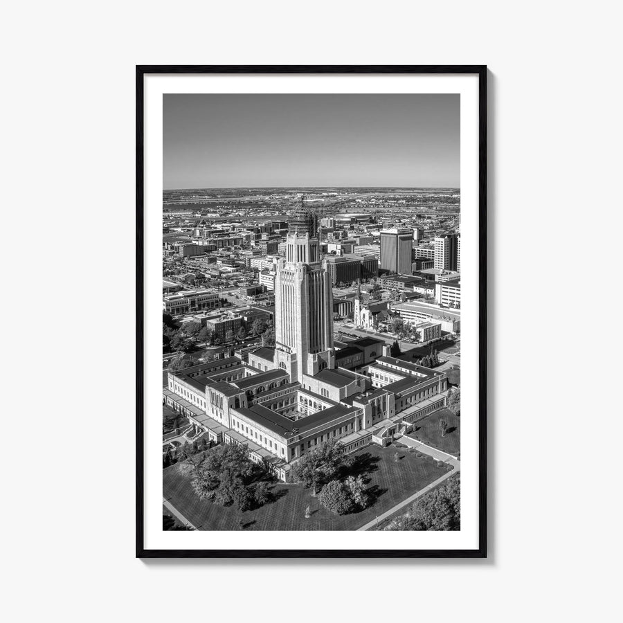 Lincoln black & white photo poster of Nebraska, USA – vertical wall art, unframed print shown in interior mockup