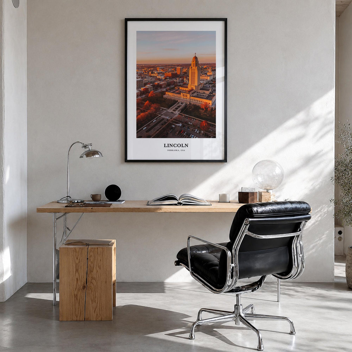 Lincoln colorful classic poster of Nebraska, USA – vertical wall art in black wood frame, hanging on wall