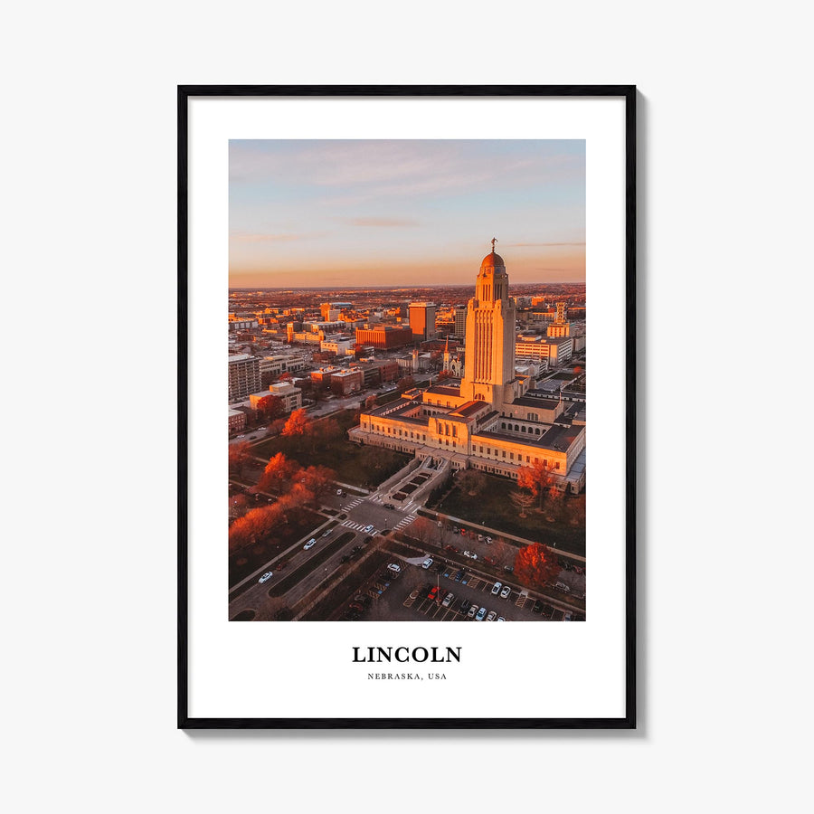 Lincoln colorful classic poster of Nebraska, USA – vertical wall art, unframed print shown in interior mockup