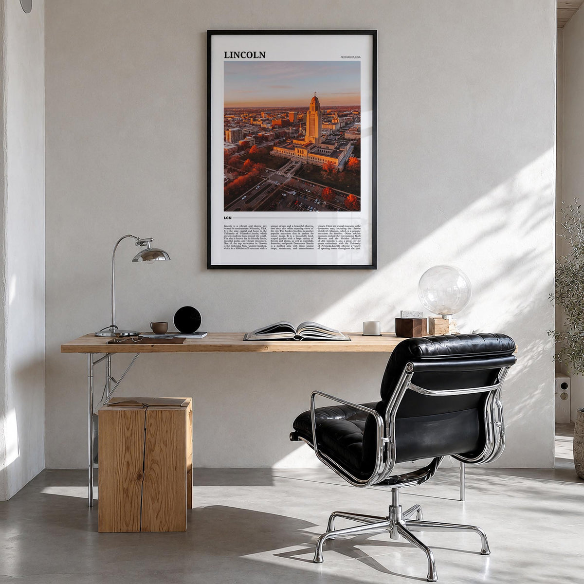 Lincoln colorful travel poster of Nebraska, USA – vertical wall art in black wood frame, hanging on wall