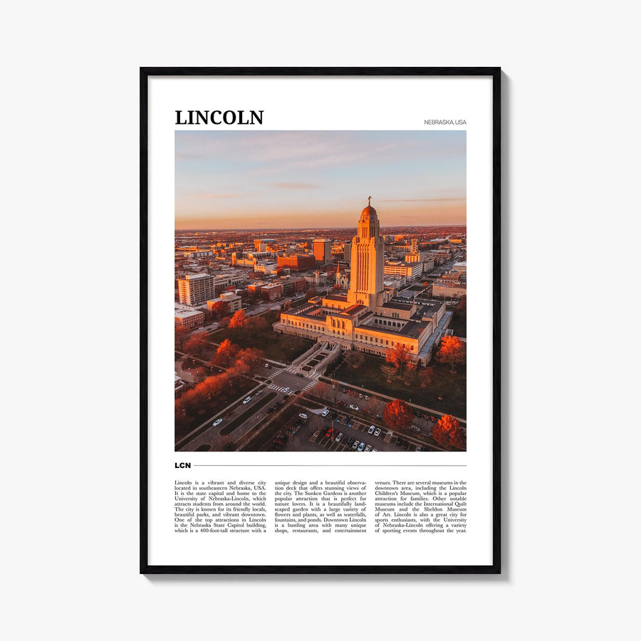 Lincoln colorful travel poster of Nebraska, USA – vertical wall art, unframed print shown in interior mockup