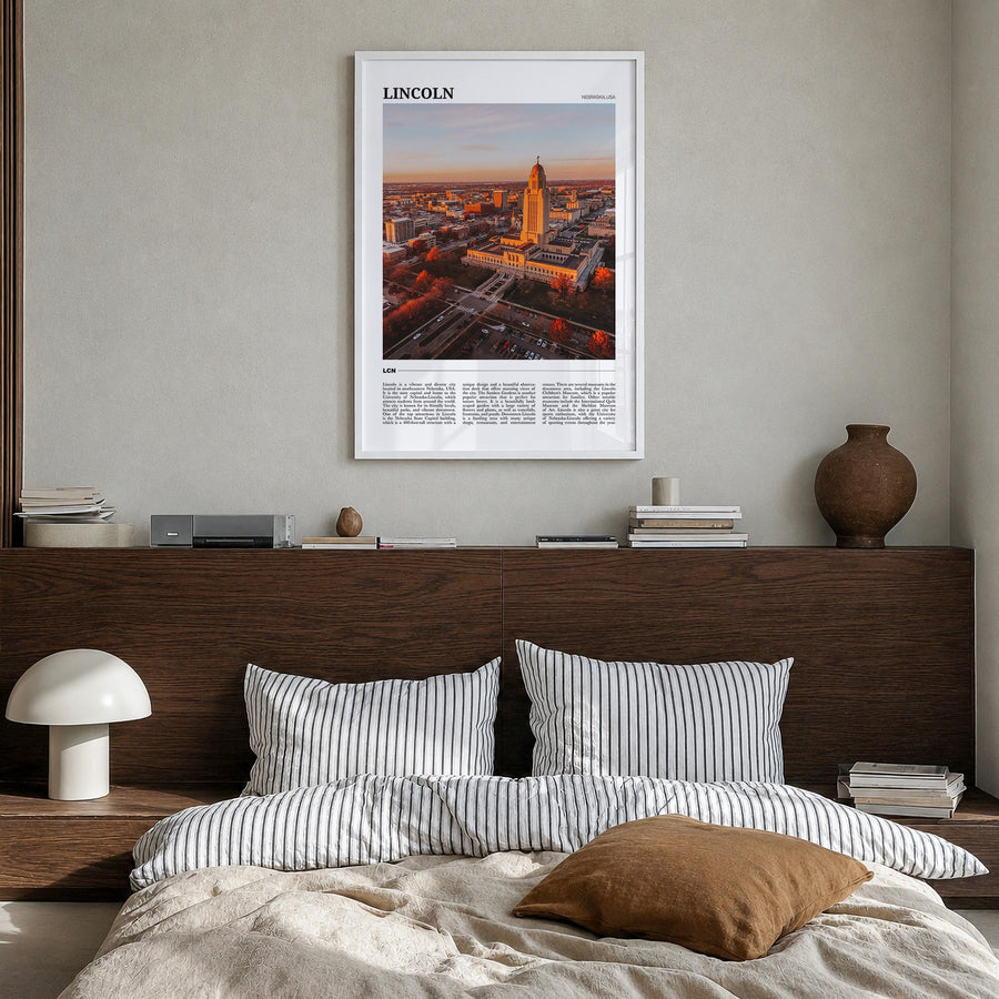 Lincoln colorful travel poster of Nebraska, USA – vertical wall art in white wood frame, hanging on wall