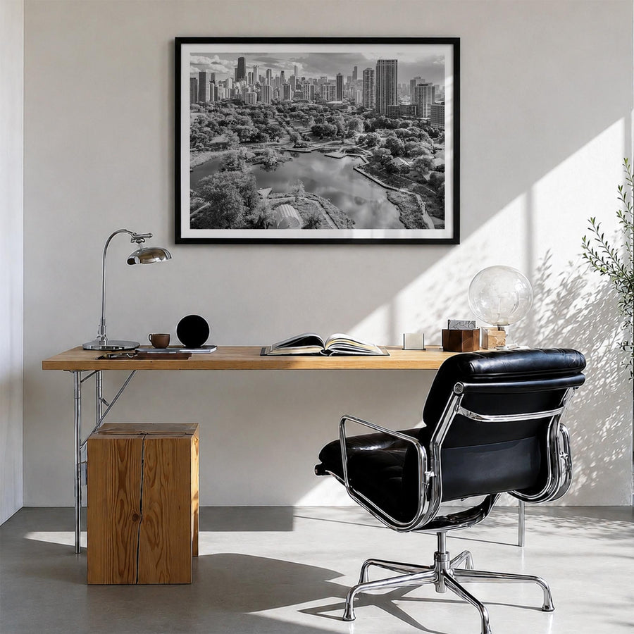 Lincoln Park black & white photo poster of Chicago, Illinois – horizontal wall art in black wood frame with white border, han