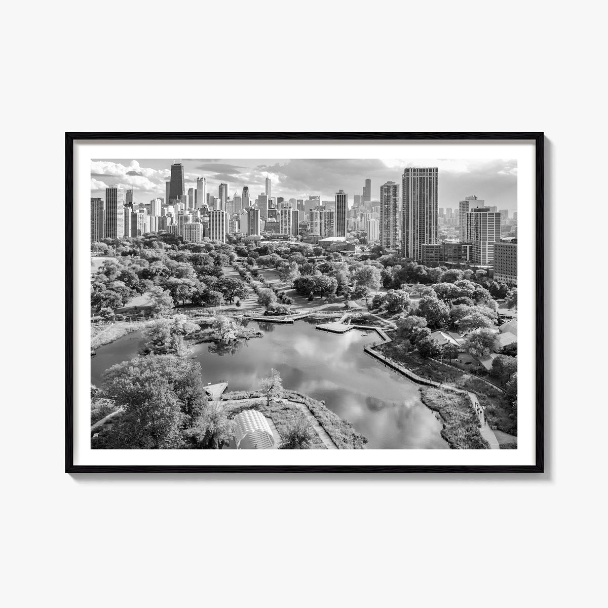Lincoln Park black & white photo poster of Chicago, Illinois – horizontal wall art, unframed print shown in interior mockup