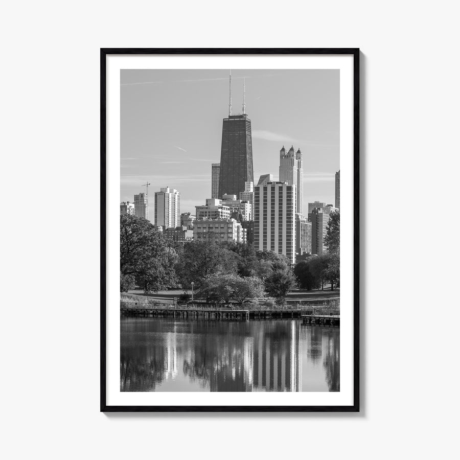 Lincoln Park black & white photo poster of Chicago, Illinois – vertical wall art, unframed print shown in interior mockup