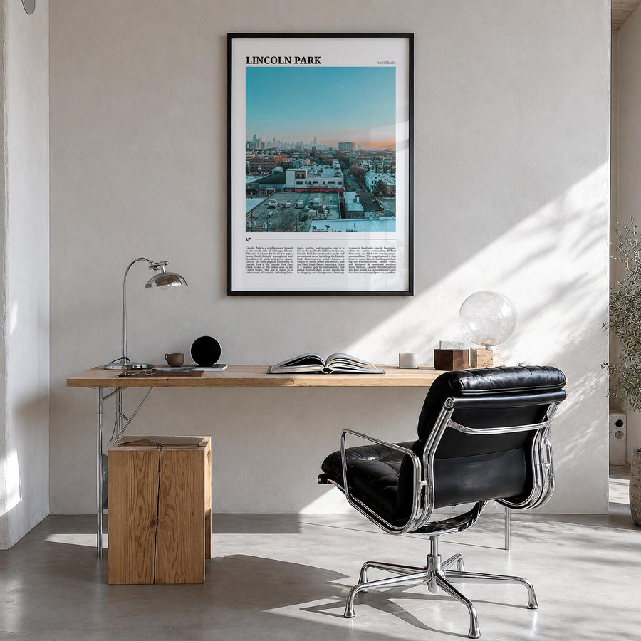 Lincoln Park colorful travel poster of Chicago, Illinois – vertical wall art in black wood frame, hanging on wall