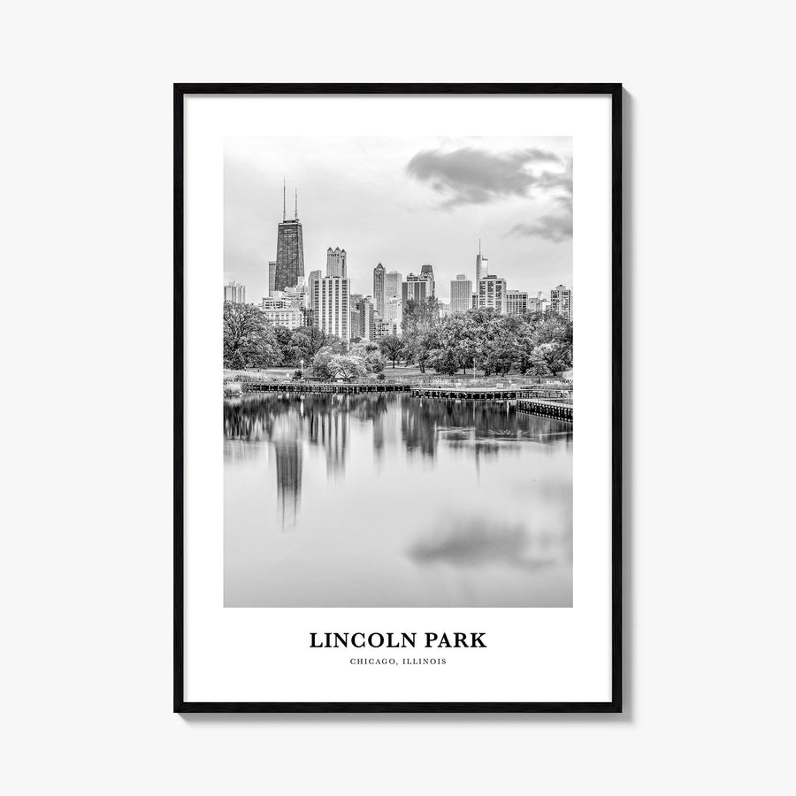 Lincoln Park no. 1 black & white classic poster of Chicago, Illinois – vertical wall art, unframed print shown in interior mo
