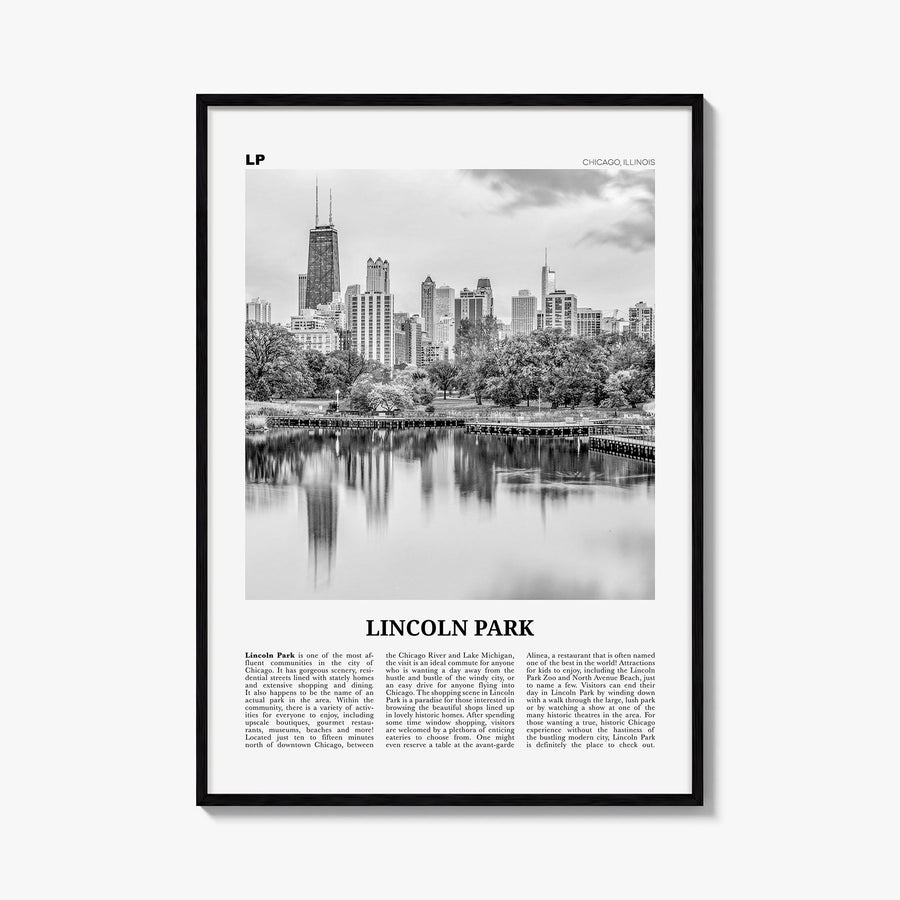 Lincoln Park no. 1 black & white newspaper poster of Chicago, Illinois – vertical wall art, unframed print shown in interior 