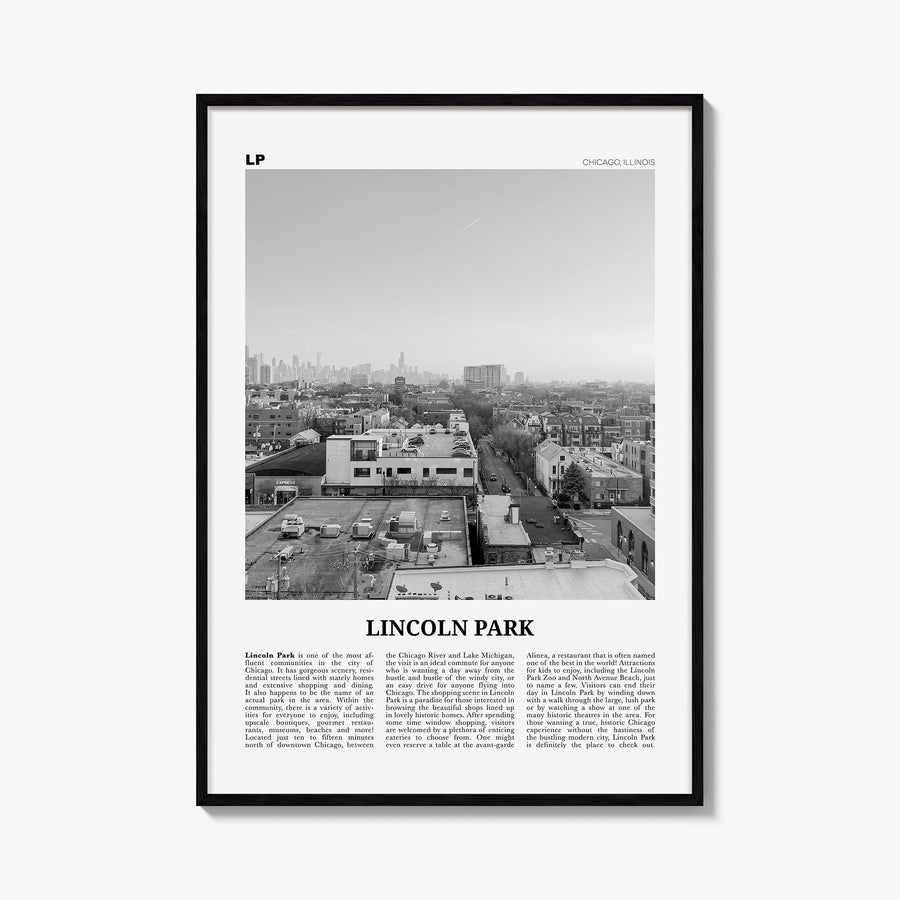 Lincoln Park no. 2 black & white newspaper poster of Chicago, Illinois – vertical wall art, unframed print shown in interior 