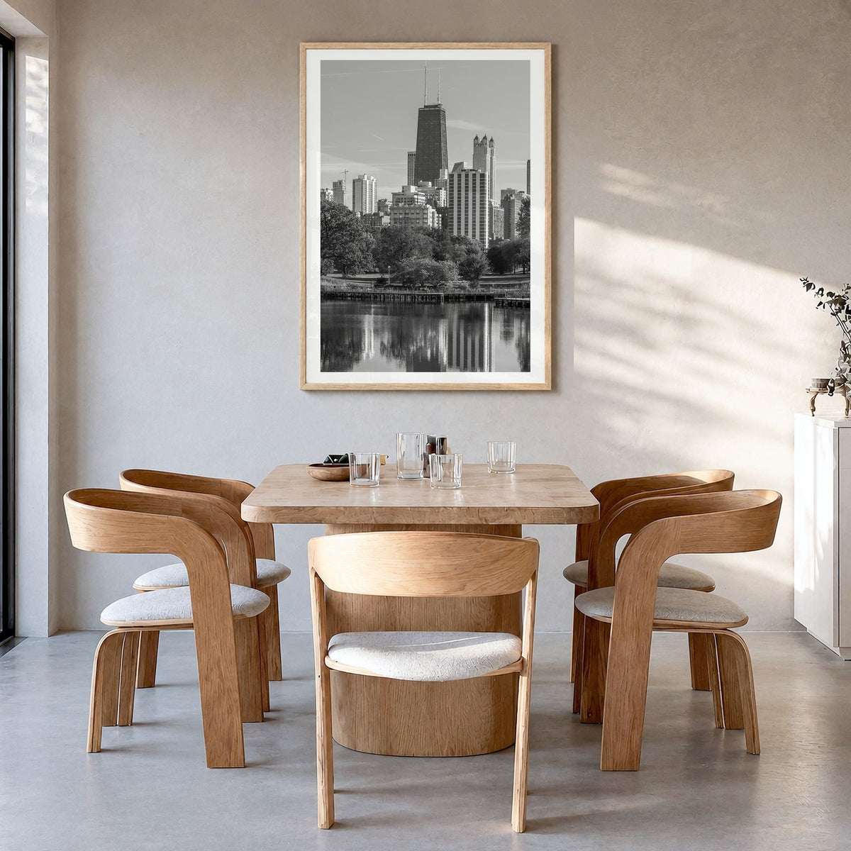 Lincoln Park Photo Poster in a natural wood frame, hanging in a dining room, white border