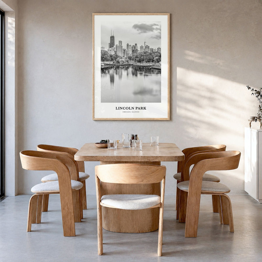 Lincoln Park Classic No 1 Poster in a natural wood frame, hanging in a dining room