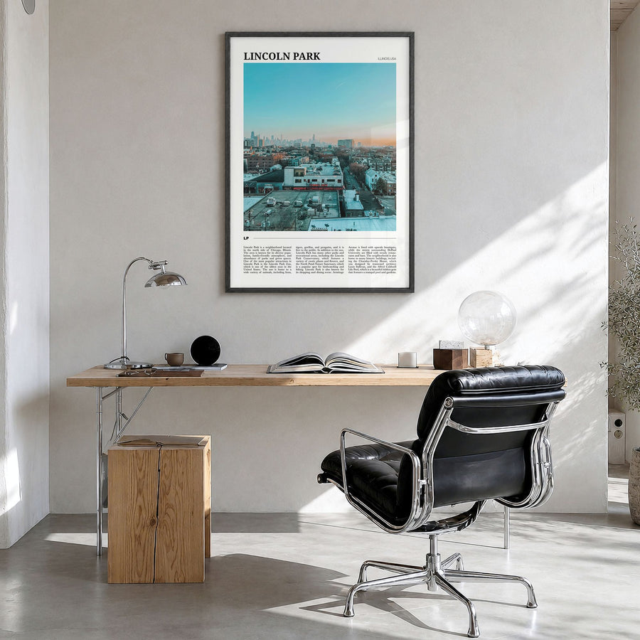 Lincoln Park Travel Poster in a black wood frame, hanging in a bright home office