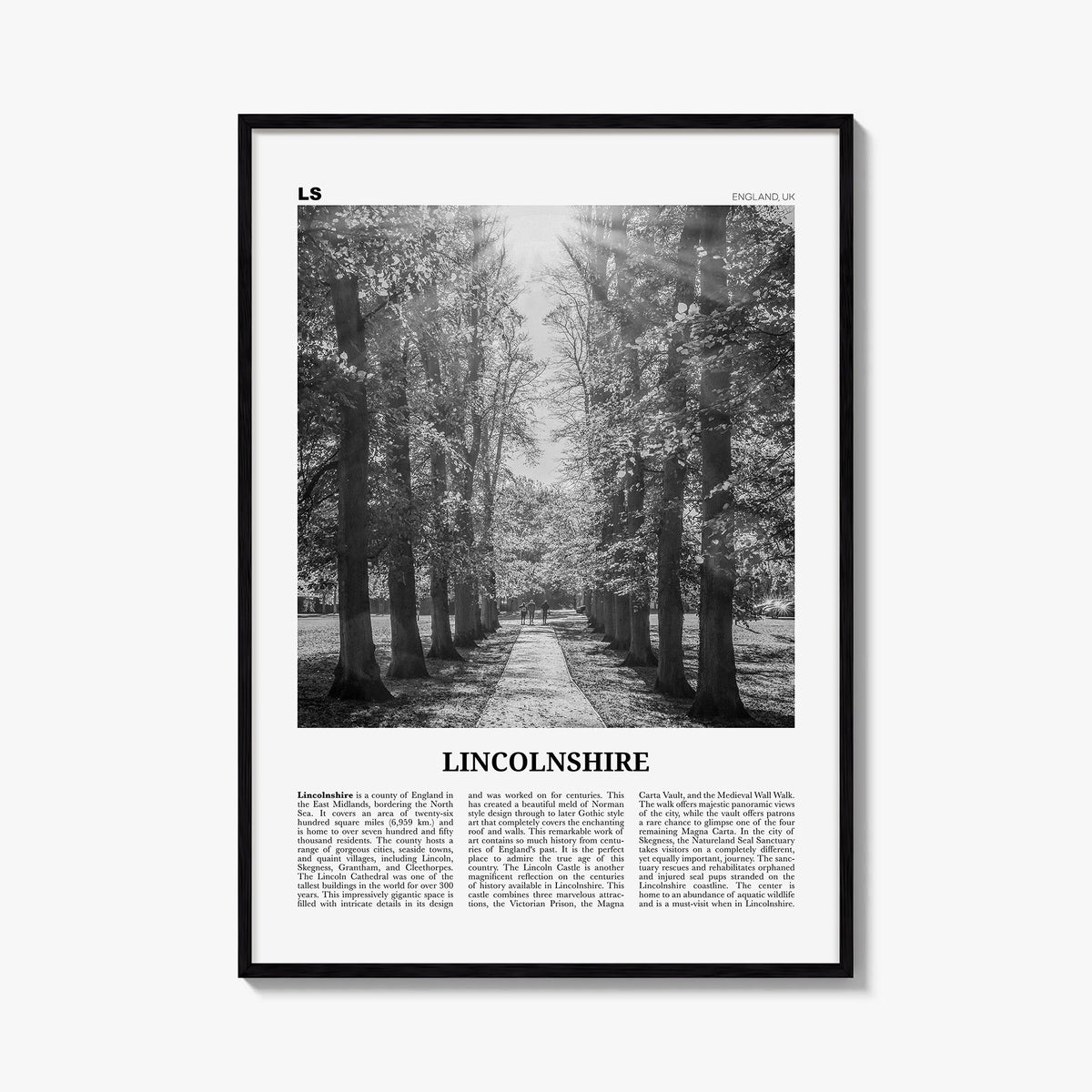 Lincolnshire black & white newspaper poster of England, UK – vertical wall art, unframed print shown in interior mockup