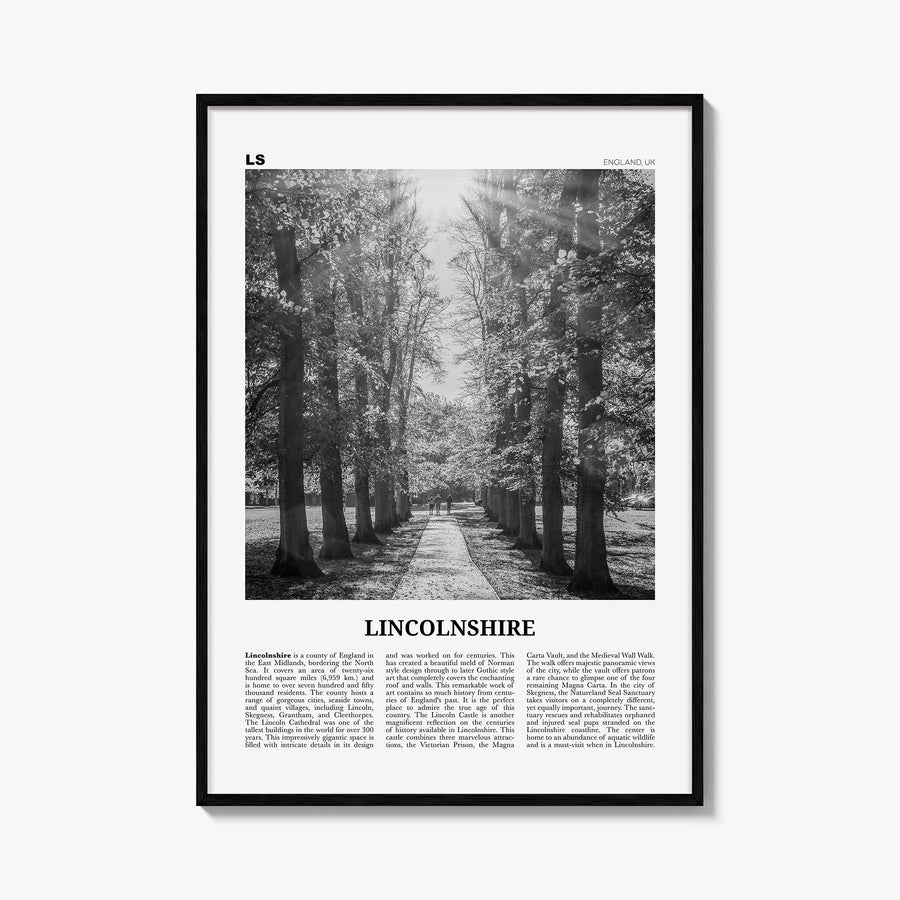 Lincolnshire black & white newspaper poster of England, UK – vertical wall art, unframed print shown in interior mockup