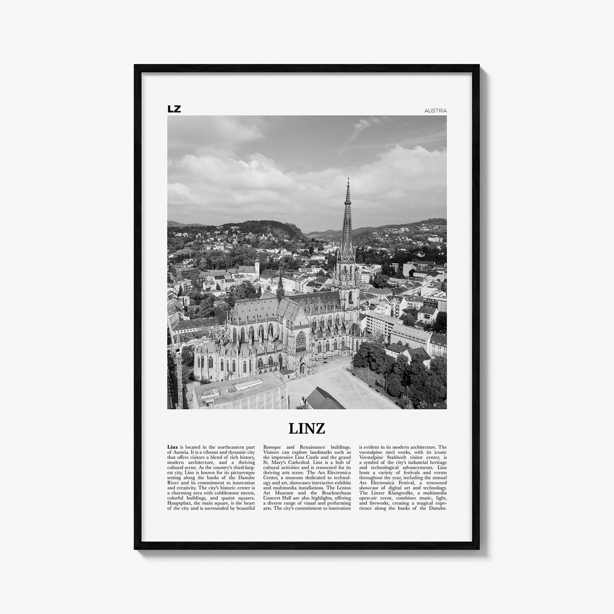 Linz black & white newspaper poster of Austria – vertical wall art, unframed print shown in interior mockup