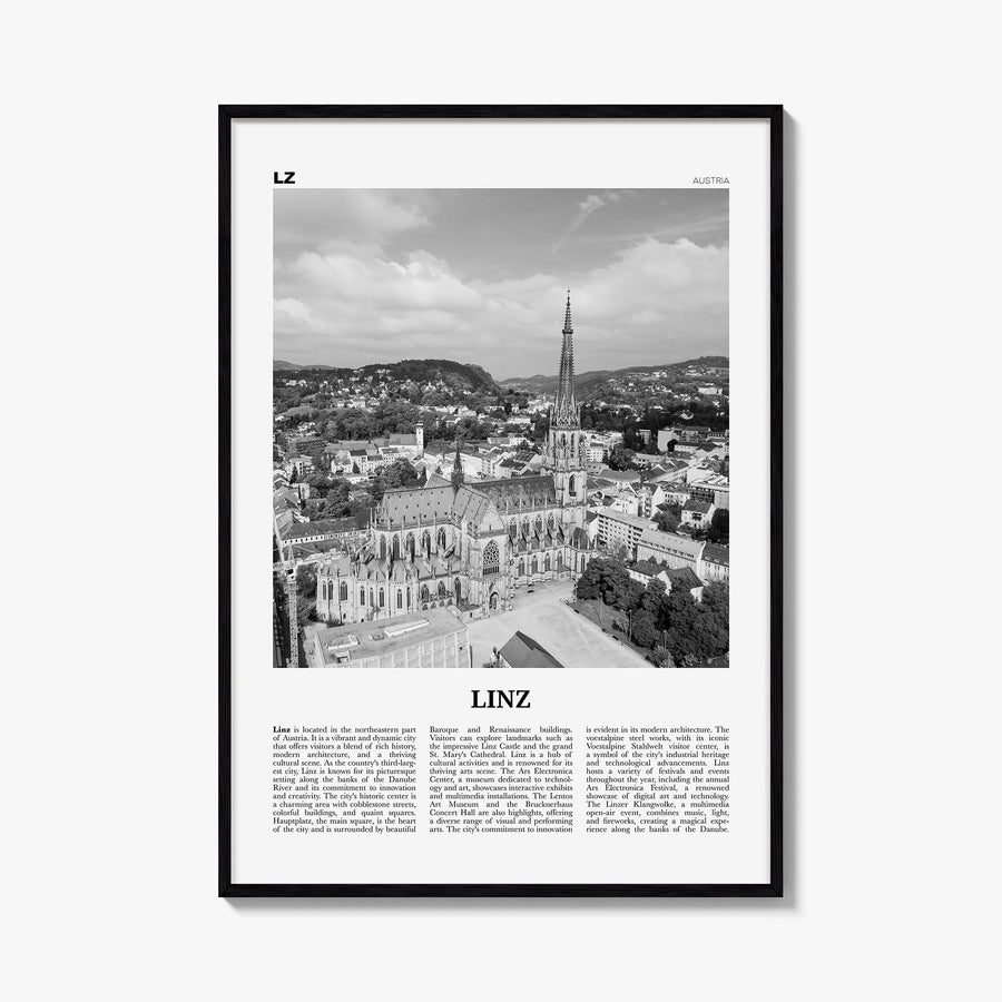 Linz black & white newspaper poster of Austria – vertical wall art, unframed print shown in interior mockup
