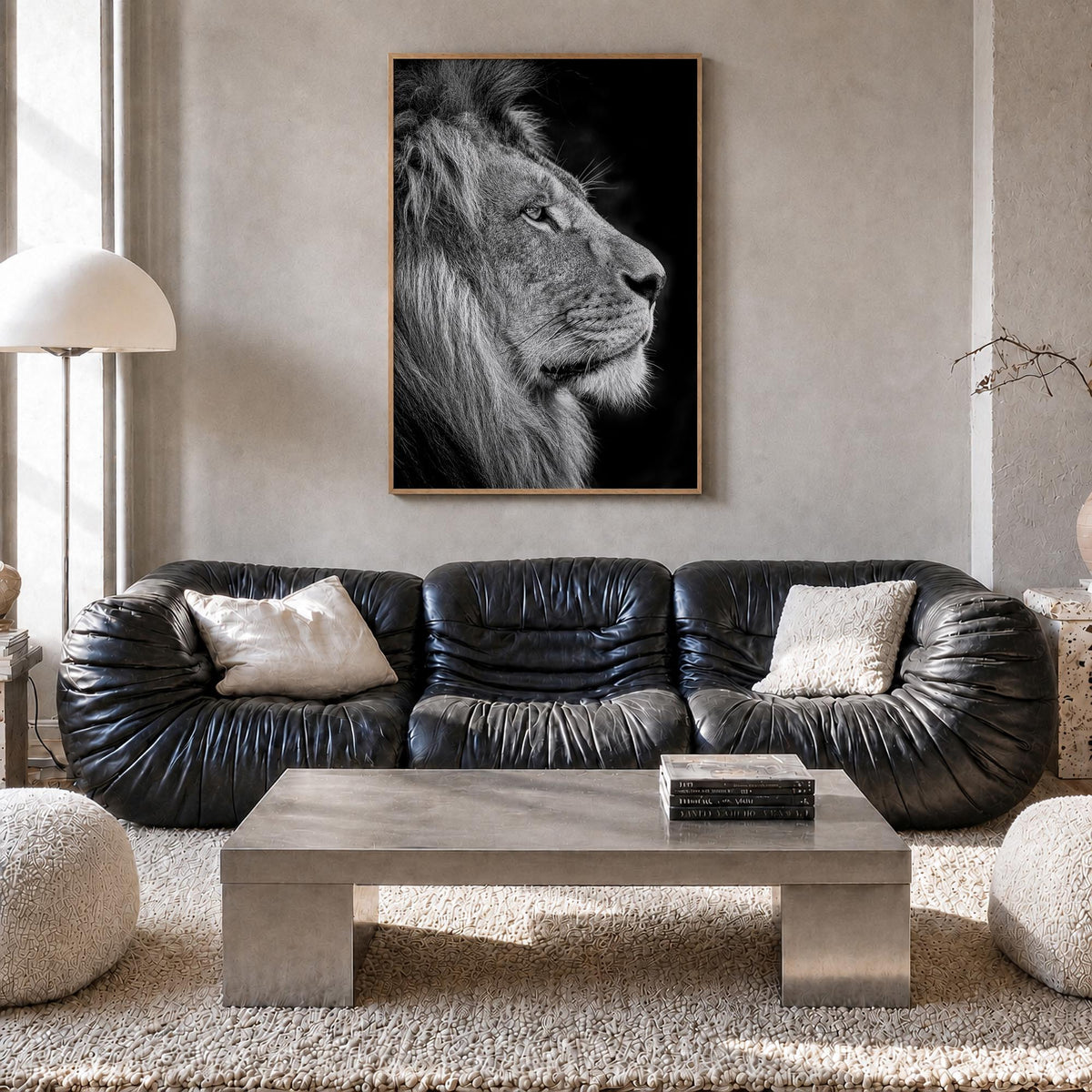 Lion no. 1 black & white photo poster – vertical wall art in natural wood frame, hanging on wall