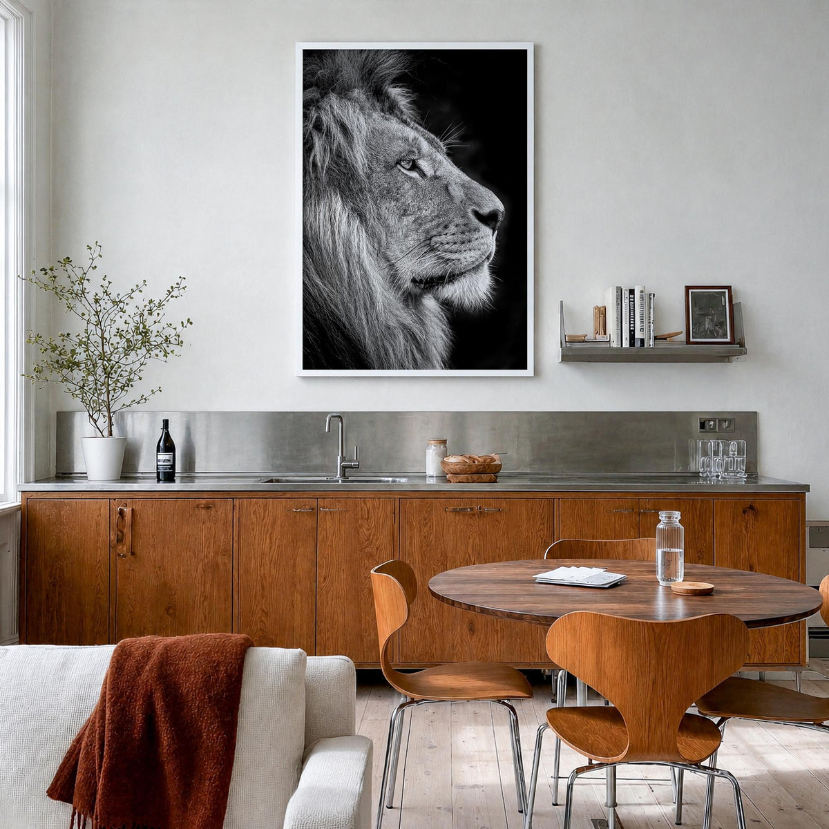 Lion no. 1 black & white photo poster – vertical wall art in white wood frame, hanging on wall