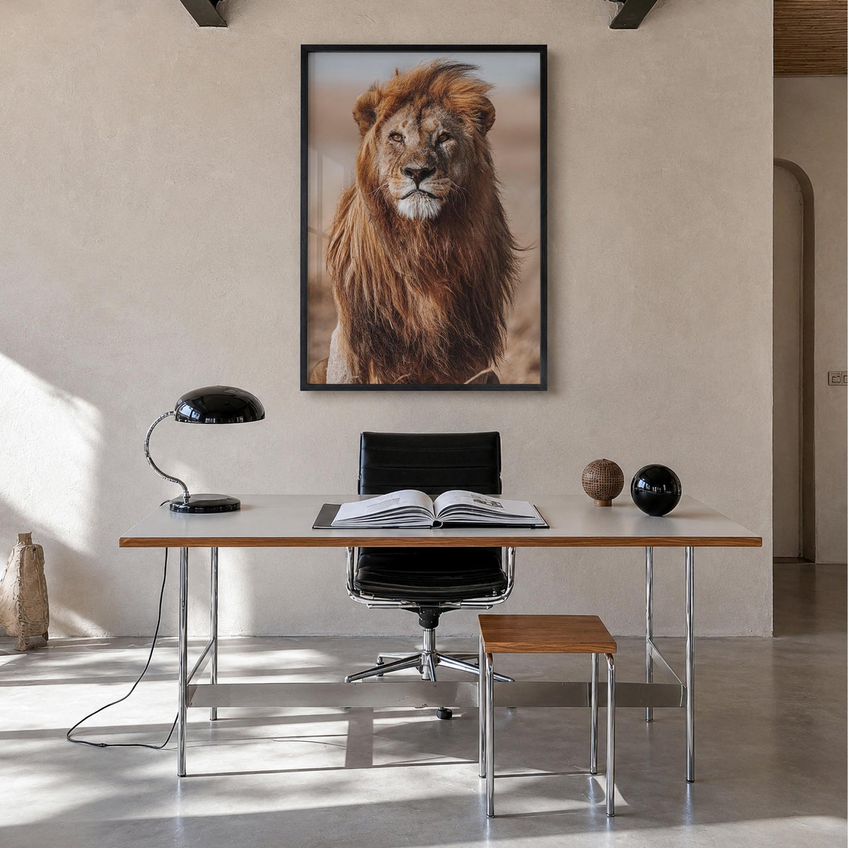 Lion no. 1 colorful photo poster – vertical wall art in black wood frame, hanging on wall