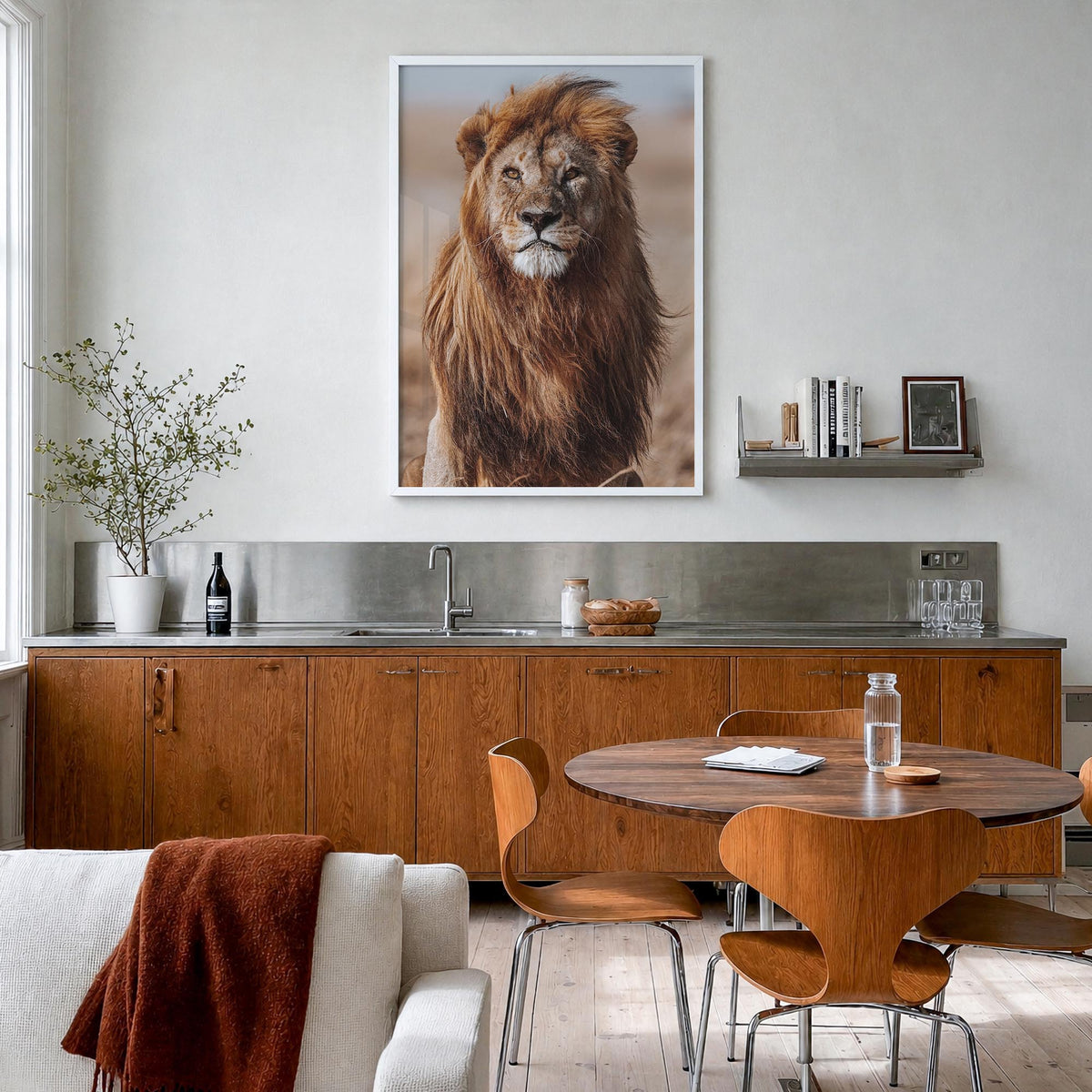 Lion no. 1 colorful photo poster – vertical wall art in white wood frame, hanging on wall