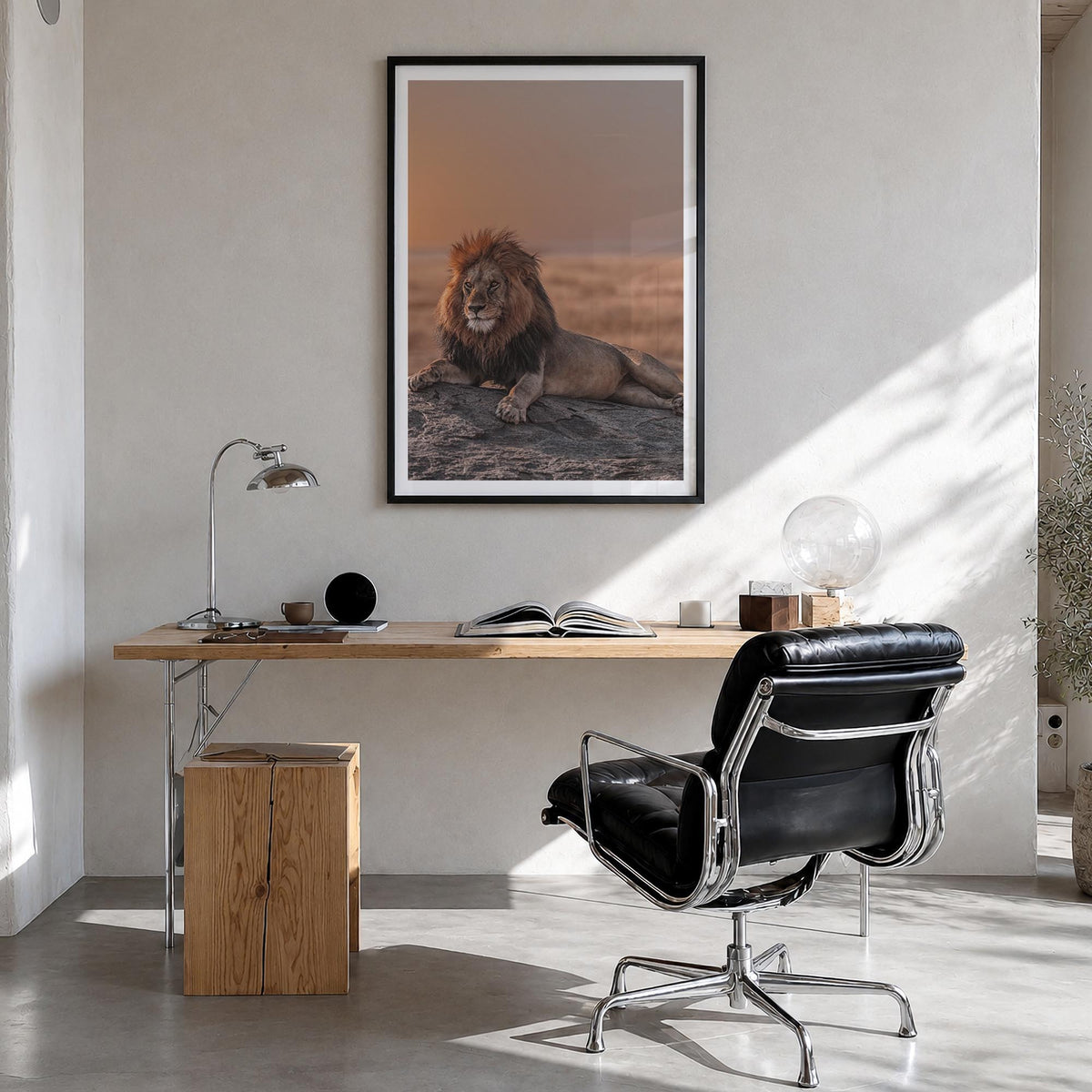 Lion no. 2 colorful photo poster – vertical wall art in black wood frame with white border, hanging on wall