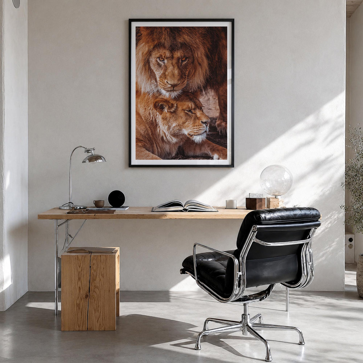 Lion no. 3 colorful photo poster – vertical wall art in black wood frame with white border, hanging on wall