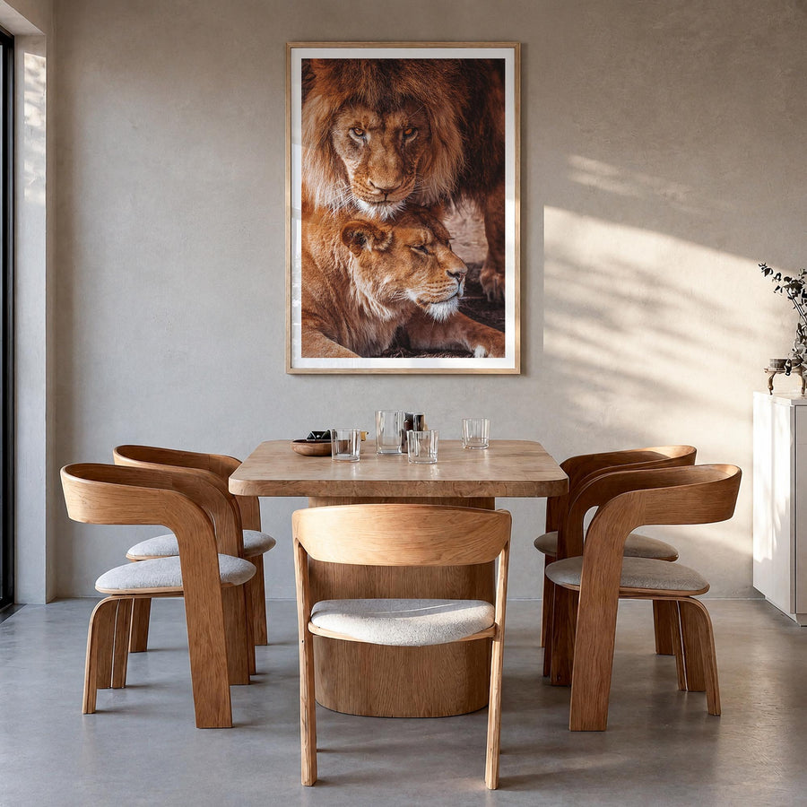 Lion no. 3 colorful photo poster – vertical wall art in natural wood frame with white border, hanging on wall