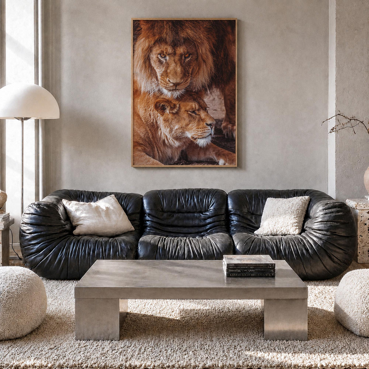 Lion no. 3 colorful photo poster – vertical wall art in natural wood frame, hanging on wall