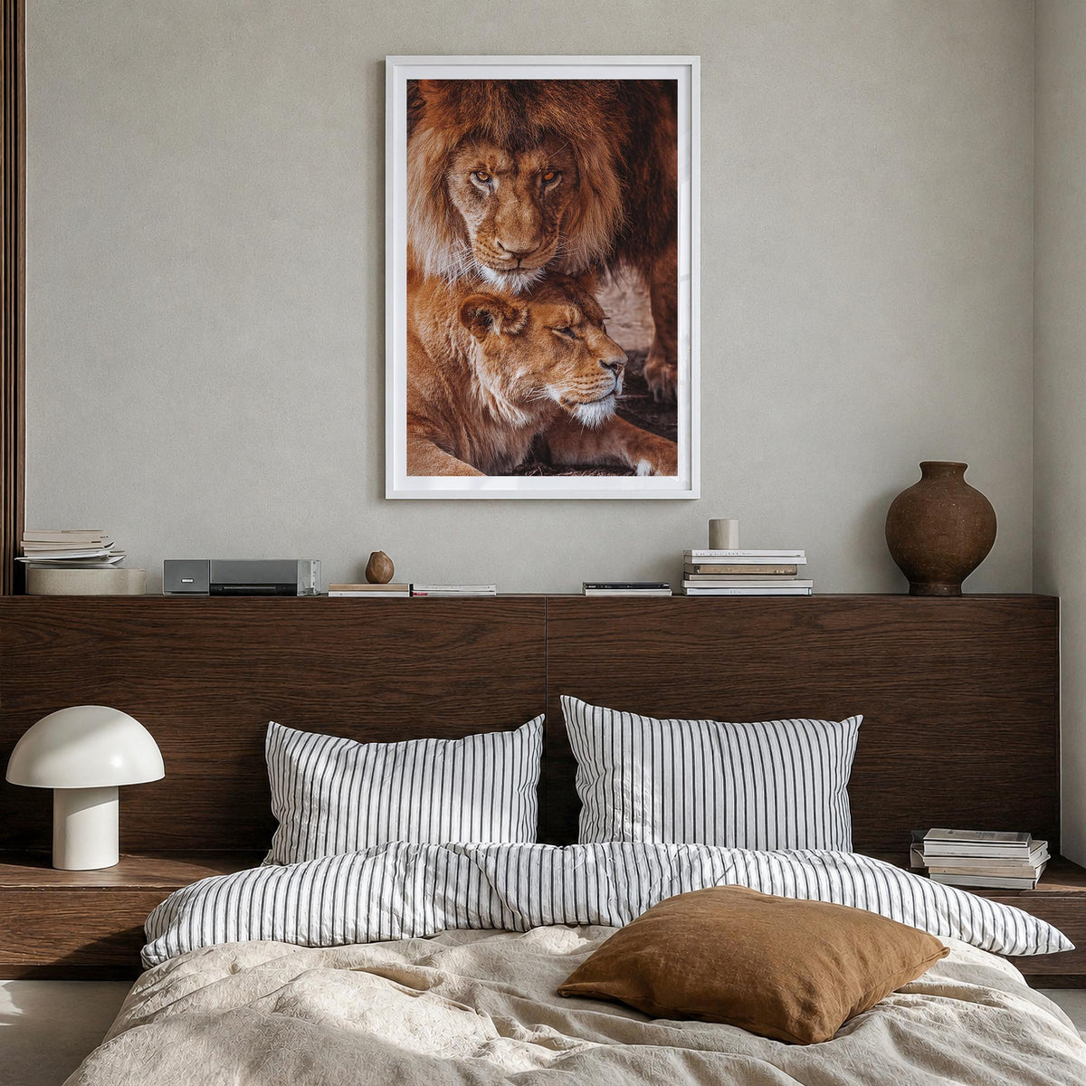 Lion no. 3 colorful photo poster – vertical wall art in white wood frame with white border, hanging on wall